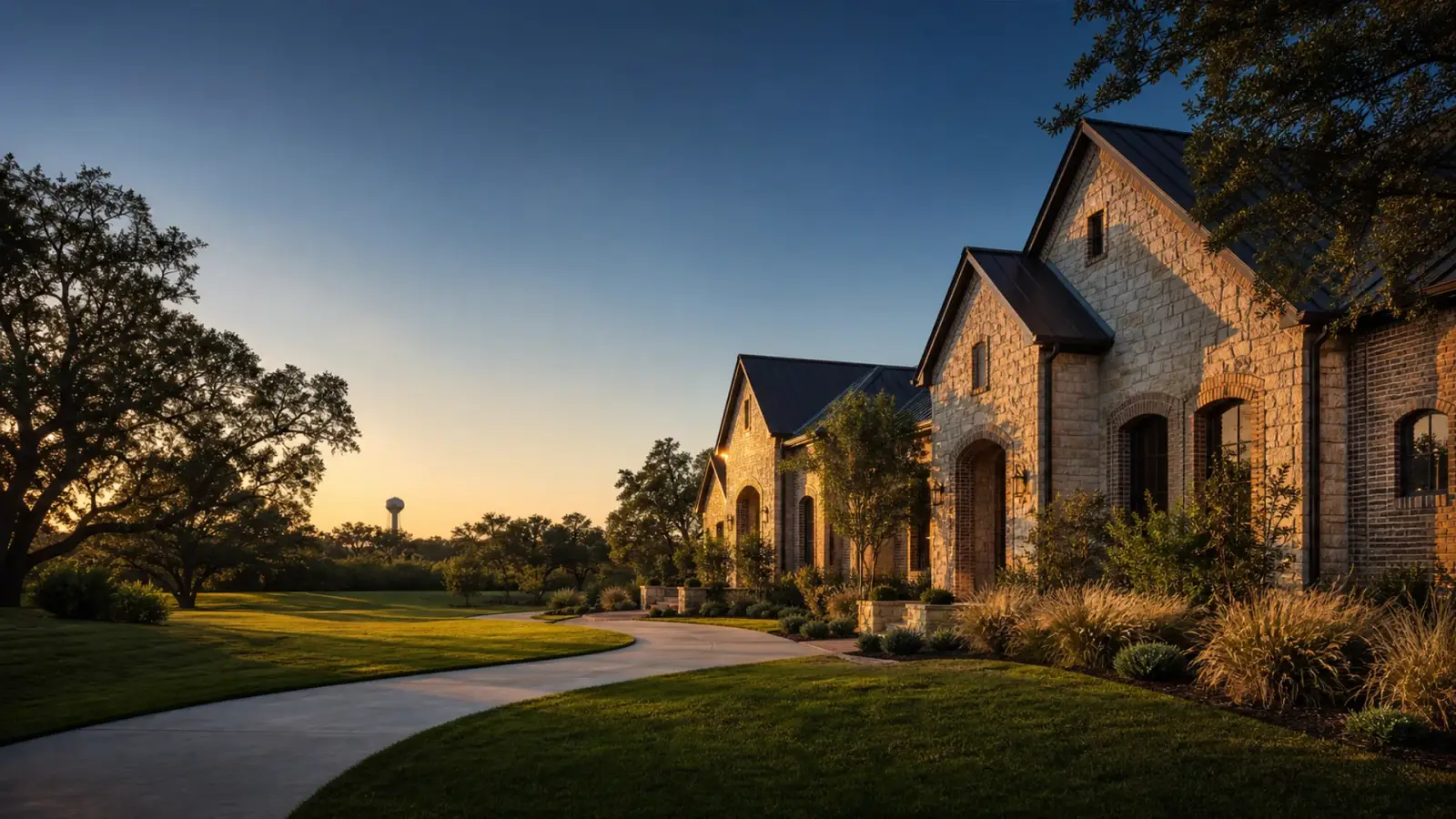 Limestone homes and live oak trees in a West Houston community at sunset